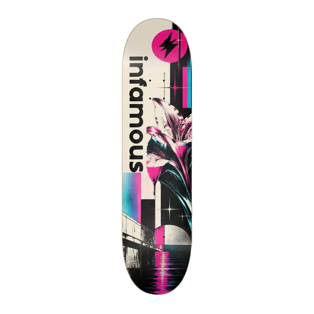 Infamous Flower skateboard deck, full deck visible on white background